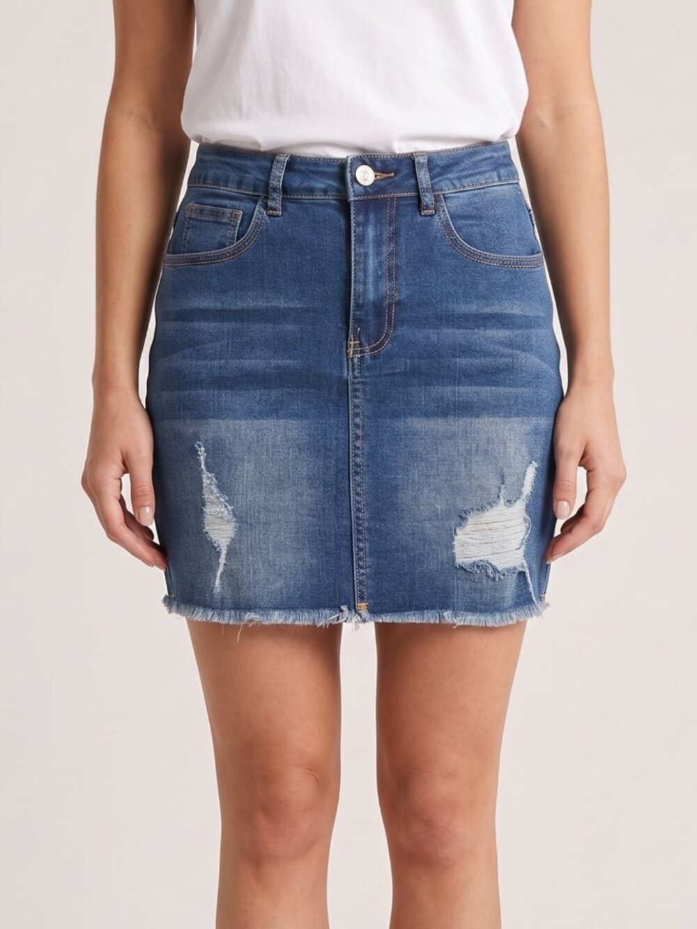 Distressed Medium Wash Denim Raw Hem Mini Skirt Jean Skirt | Small